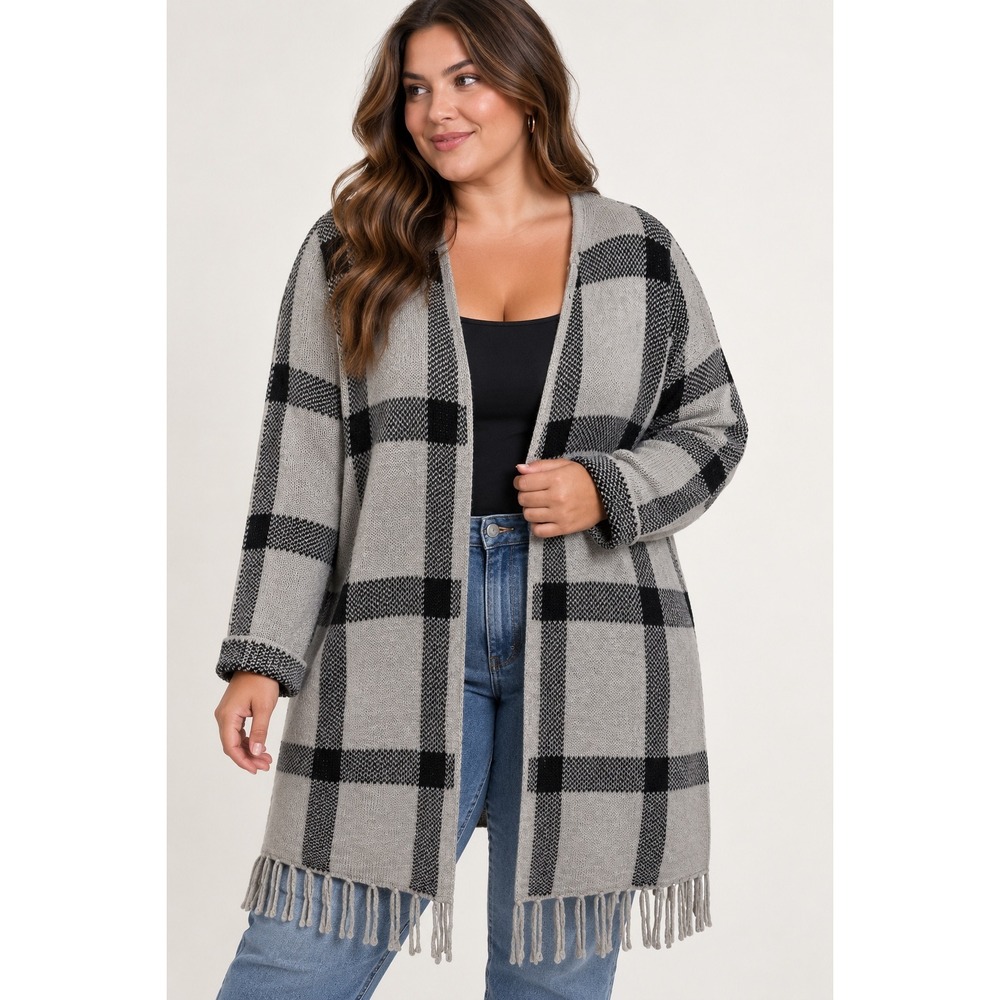 Adrienne Vittadini Woman Grey Black Plaid Fringe Open Front Cardigan 1X
